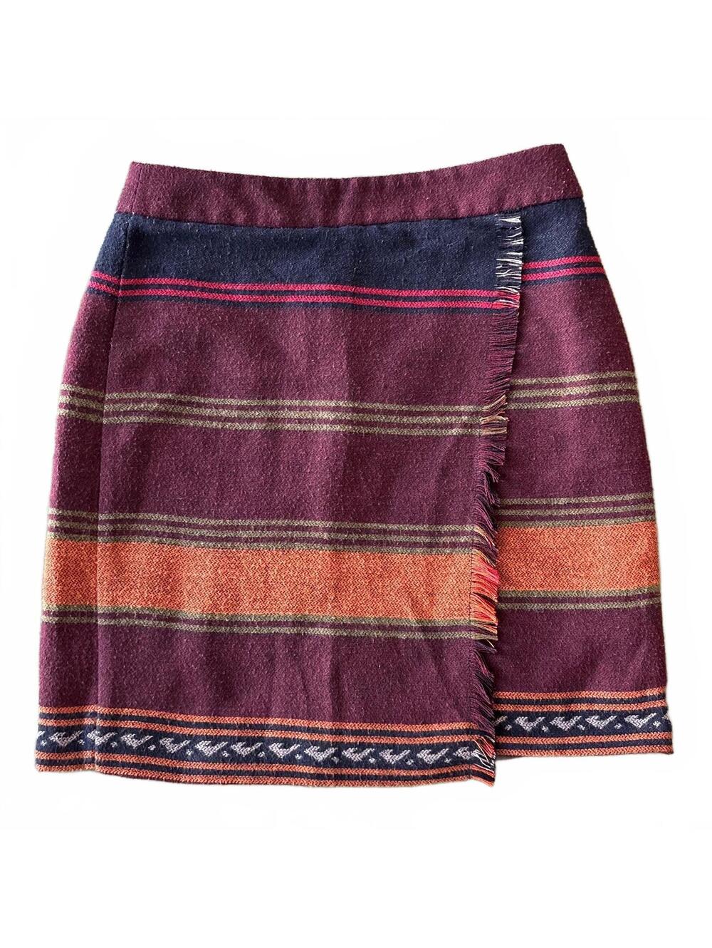 LOFT Womens Burgundy Blanket Stripe Fringe Faux Wrap Mini Skirt Lined Size 00